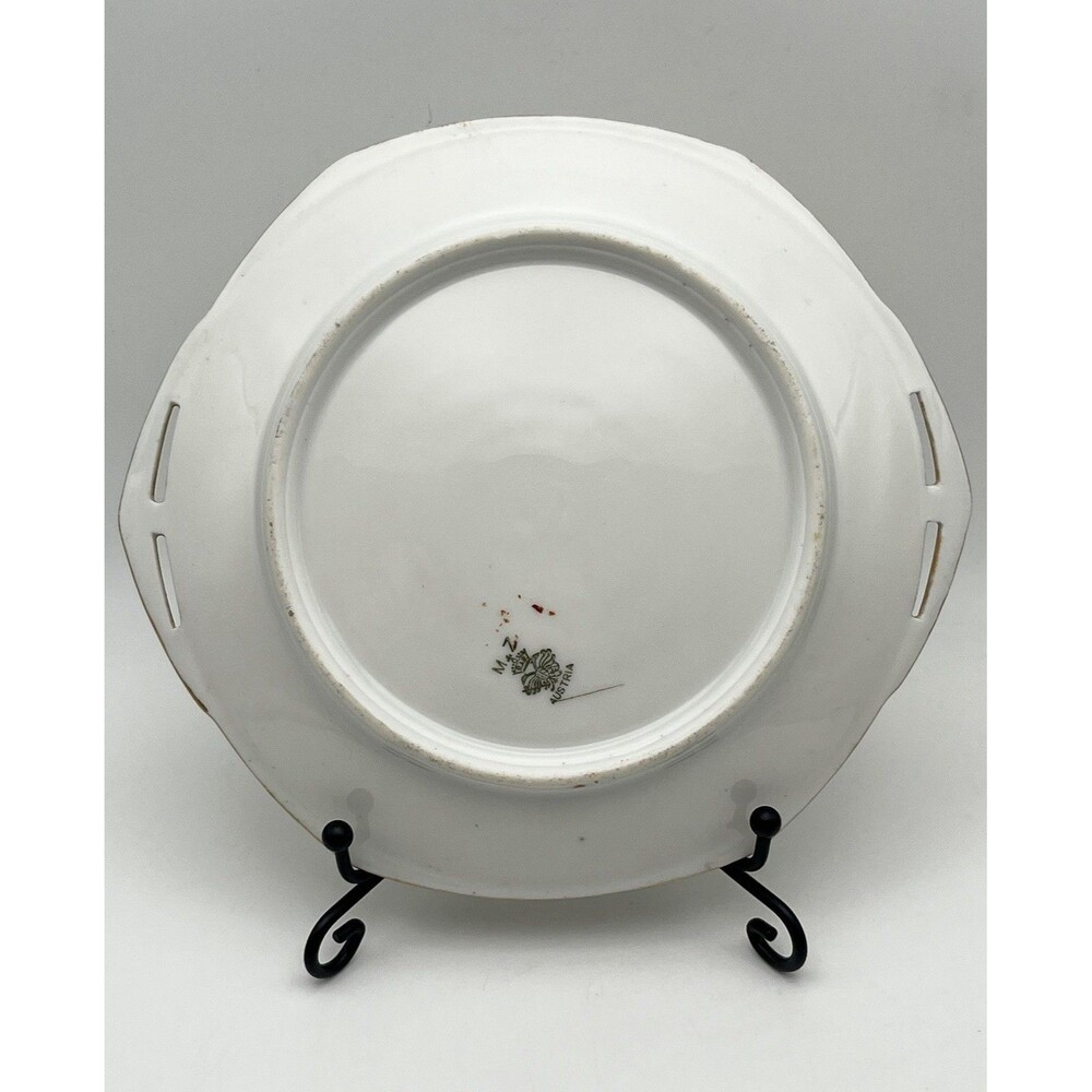 Antique MZ Austria 6.5” Porcelain Plate Floral White Gold Trim Pierced Handles - Picture 5 of 8